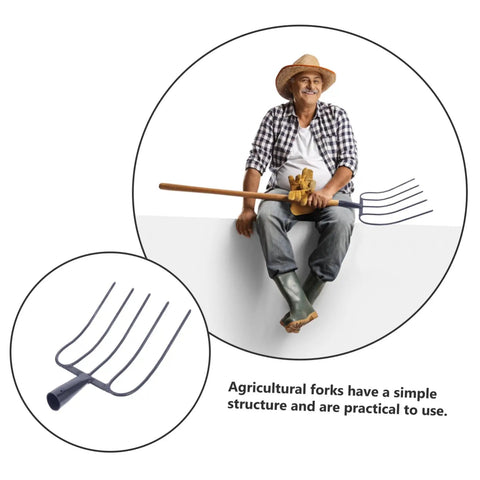 Heavy Duty Garden Fork For Farm Cleanup And Mulching shown with farmer, features steel tines and wooden handle for agricultural use.