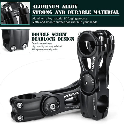 Adjustable Bike Stem 28.6mm 31.8mm Handlebar Extender With Plus Minus 85 Degree Angles, lightweight aluminum alloy, close-up view