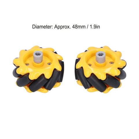 48mm Mecanum Wheel for DIY Robotics in yellow and black rubber coating, ideal for smart cars and projects, pack of two wheels.