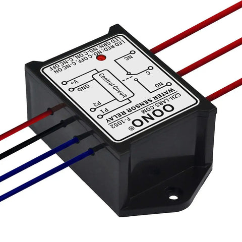 Water Sensor Relay Module with SPDT Switch for 12V DC operation, supports load up to 30V DC or 277V AC at 10 Amp max