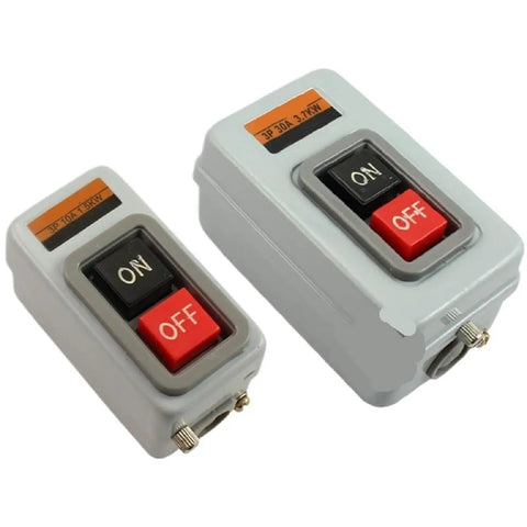Rock Solid Three Pole Start Stop Power Switch Handles Fifteen Amps And Two Point Two Kilowatts Built Bulletproof For Industrial Machines and Heavy Duty Workshop Jobs, gray housing, two buttons.