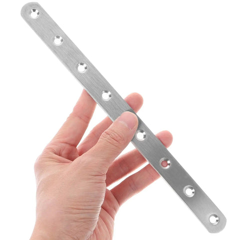 Straight Flat Brackets Set Of Four Stainless Steel Joining Plates For DIY Home Decor And Furniture, 9.63 X 0.79 X 0.12 In shown in hand