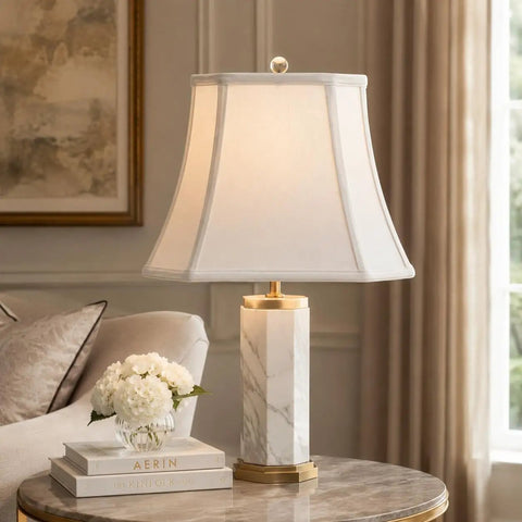 White Rectangle Cut Corner Lamp Shade With Classic Style, Handcrafted Silk Shantung Or Linen Fabric, Softback Off White Polycotton Lining lamp on table