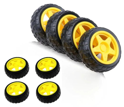 Eight Pack Dope Wheel Set For RC Cars And Smart Robots, 65mm Rubber Tires, 51.8mm Inner Diameter, 27mm Width, front view