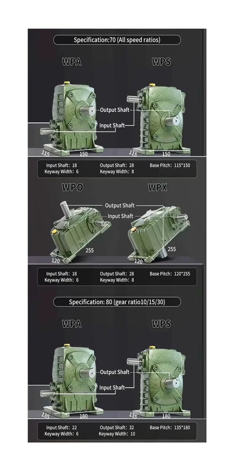 Heavy Duty Gearbox Worm Gear Reducer With Iron Shell And Time Delay for High Torque in Small Motors, WPA and WPO models with specs.