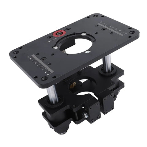 Pro Grade Manual Router Lift Stand For 3.5 Inch Motors Built Like A Tank with smooth crank and 65mm clamp mounts.