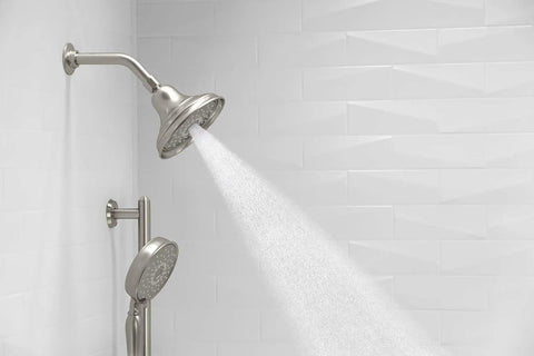 Bancroft 3 Function Showerhead With Katalyst Massage And Silk Sprays In Vibrant Brushed Nickel MasterClean Nozzles, shower arm view