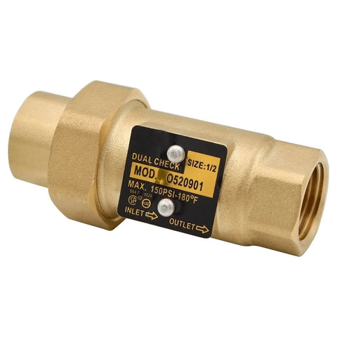 HYDRO MASTER brass dual check valve, side view, 1/2 in FNPT, solid brass body