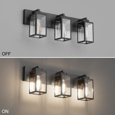 Black Vanity Light For Bathroom Industrial Farmhouse Wall Mount Fixture With Dimmable E26 Socket, shown off and on