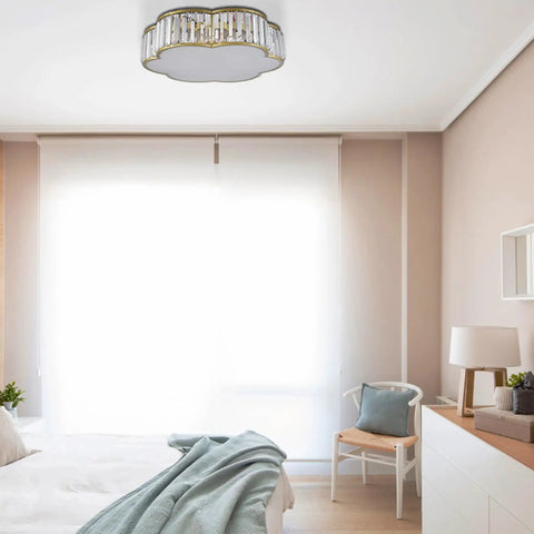 Gold Crystal Flush Mount Ceiling Light 5 Light Chandelier Modern Contemporary Drum Flower Design With Blingy Crystal Rods 20 Inch Gold Hallway Fixture For Bedroom Living Room Foyer in bedroom setting.