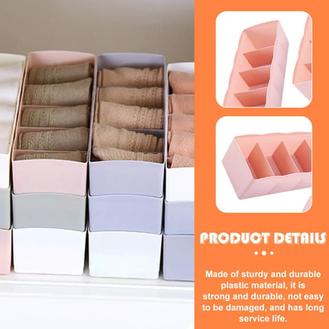 Six Piece Pink Plastic Underwear Drawer Organizer Set Smooth Dresser Storage Dividers shown with folded socks in bins.