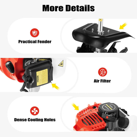 Beast 51.7cc 2 Stroke Handheld Tiller Cultivator features practical fender, air filter, and dense cooling holes for enhanced performance.