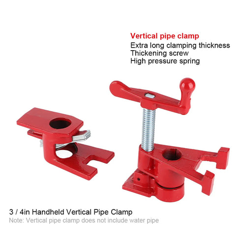 Three Quarters Inch Hand Crank Vertical Pipe Clamp Fixture for Woodworking, cast iron spring clip, red and silver design
