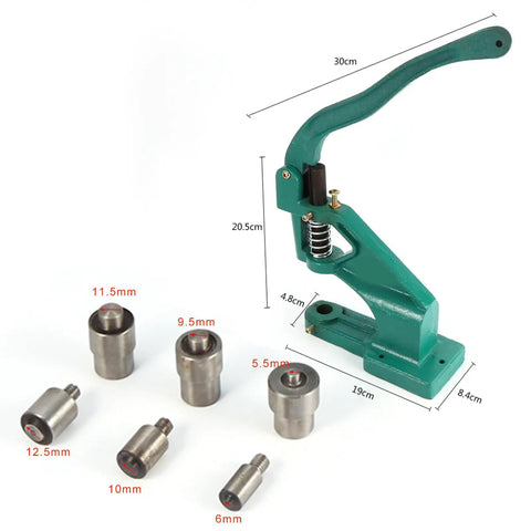 Grommet Eyelet Hand Press Tool With Interchangeable Dies, Portable Manual Banner Punch showing press and six dies on white background.