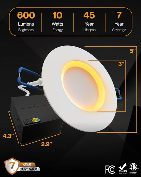 Absolute Upgrade 96 Pack 4 Inch Led Recessed Downlights Slim Baffle Retrofit Can Bulbs Featuring Dimmable 600 Lumens And Switchable Color Temps; dimensions and specs displayed.