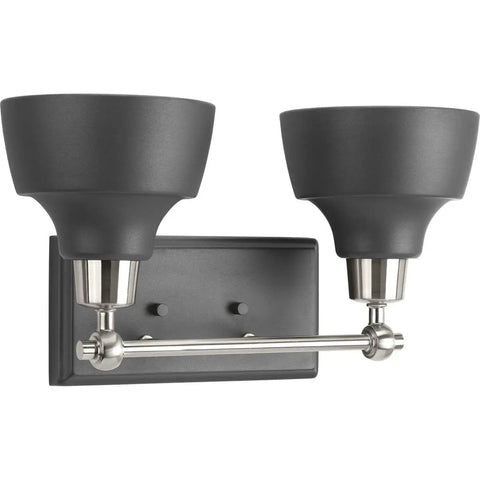 Bramlett Brushed Nickel Two Light Bath And Vanity Fixture With Matte Black Shades And Back Plate, Vintage Industrial Style