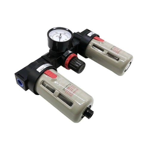 Three Unit FRL Air Treatment Setup Kit With Filters For Compressed Air Lines Includes Filter Regulator Lubricator Assembly Easy Install Industrial Grade Ideal For Tooling And Manufacturing Air Delivery, showing filter regulator lubricator assembly.