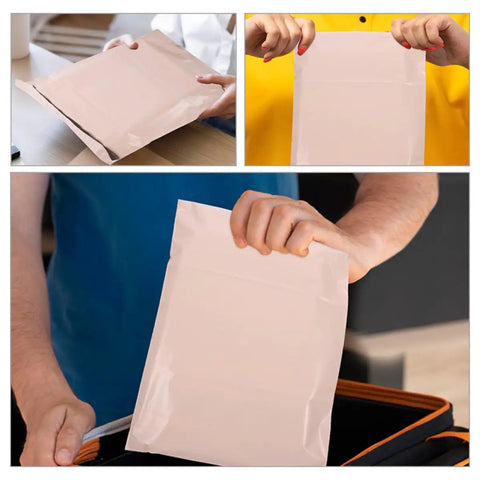 Collage of Waterproof PE Packaging Bags With Easy Seal 100 Pack Large Khaki Mailing Envelopes for shipping and packing demonstration.