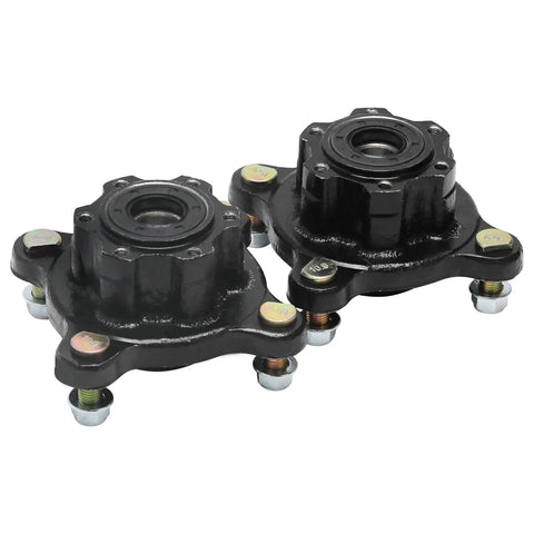 Pair Of Front Wheel Hubs Featuring Bulletproof 17Mm Bearings 4Lug 4X110 Bolt Pattern, black metal for ATVs and buggies.