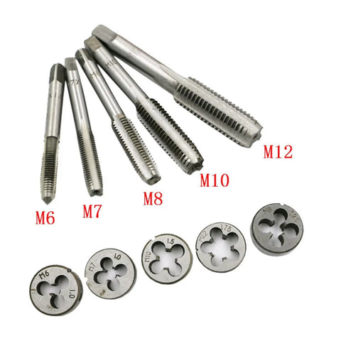 Huge 12 Piece Tap And Die Wrench Set With Heavy Duty Alloy Steel Holders For M3 Through M12 Threads Perfect Metalworking Hand Tools That Are Totally Awesome For Your DIY Projects Or Professional Fabrication Jobs Anywhere. tap and die set with M6 to M12 dies and taps laid out on white background