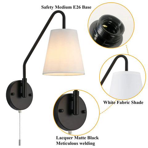 Hardwired Wall Sconces Set Of Two With 180 Degree Swing Arm Matte Black Dope Industrial Vintage Lighting White Fabric Shade Pull Chain