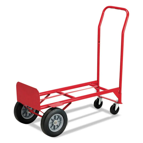 Heavy Duty Two Way Convertible Hand Truck Transforms Into Four Wheel Platform Dolly With Six Hundred Pound Capacity, welded steel frame, red.