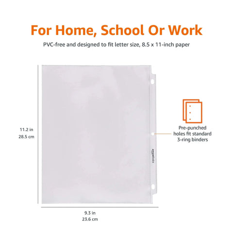 Pro Grade Sheet Protectors For 3 Ring Binder Featuring Slick Top Load Design Acid Free Clear Plastic Covers Letter Size 8 By 11 Inches side view with dimensions