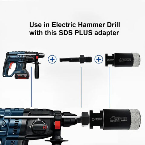 Core Drill Bit Adapter Five Eighths Inch 11 Thread Male To SDS Plus Shank shown with SDS Plus drills and core bits