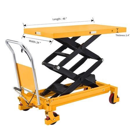 APOLLOLIFT hydraulic lift table cart; yellow platform, black scissor lift, four wheels, safety back guard.