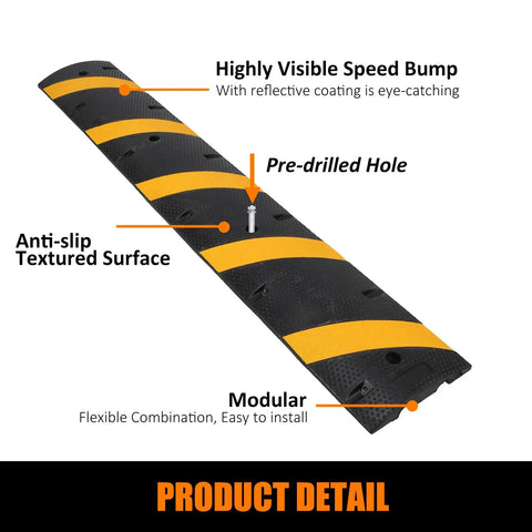 6 Ft Rubber Speed Bumps 2 Pack Heavy Duty Driveway Ramp showing reflective surface, pre-drilled holes, and modular design