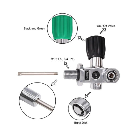 Black M18 DIN Yoke Tank Valve for Scuba Diving Reducing Valve with detailed parts and assembly instructions