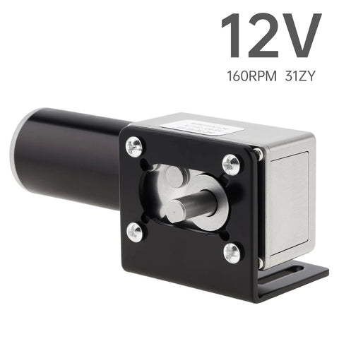 12V DC worm gear motor with mounting bracket and metal housing, front view