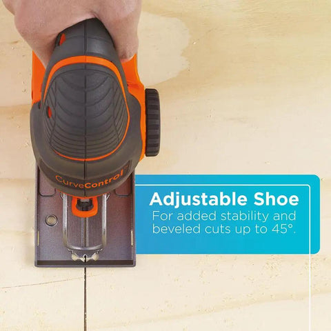Powerful 5 Amp Corded Jig Saw With 3000 Bpm Blade Speed, top view on wood surface showing adjustable shoe for 45° bevel cuts.