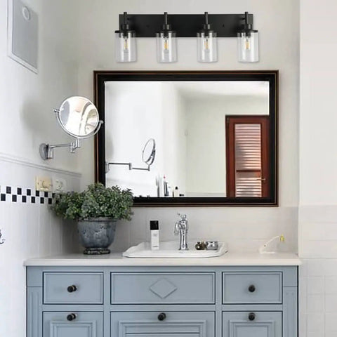 Bathroom with Three Light Matte Black Vanity Light Fixtures For Over Mirror In Bathroom, Sleek Modern Wall Sconces.