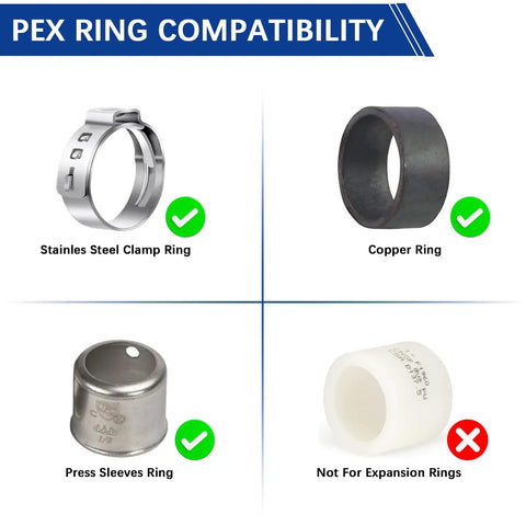 Image showing PEX ring compatibility with stainless steel clamp ring, copper ring, press sleeves ring, and not for expansion rings.