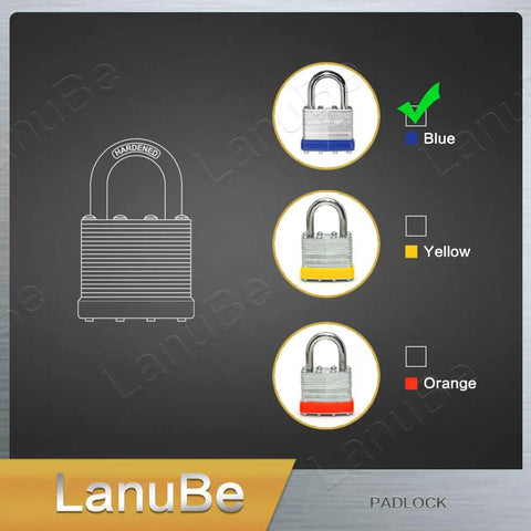 Keyed Alike Laminated Steel Padlock Set One And Nine Sixteenth Inch Wide Body With Normal Shackle Blue Marked Pack Of 24 Padlocks