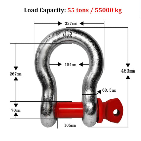 Diagram of Alloy Steel Bow Shackle With Bolt Pin Anchor Type For Rigging And Lifting Up To WLL 55 Tons showing dimensions and load capacity