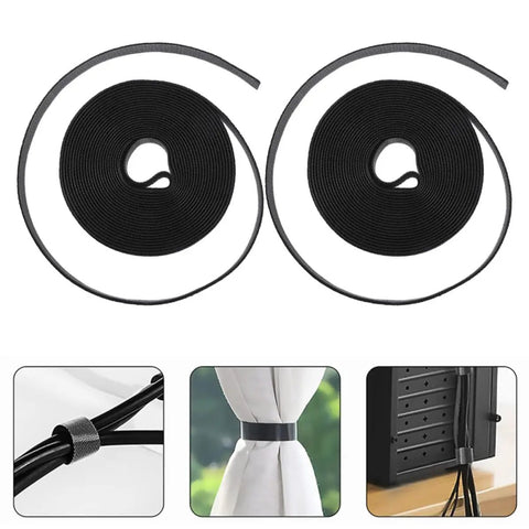Two Rolls Of Black Reusable Self Gripping Cable Ties For Smooth Cord Organization displaying loop wire straps for versatile use.