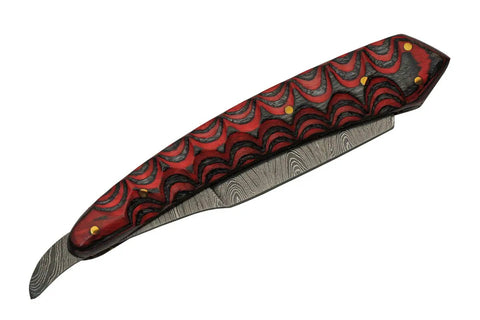Badass Professional Damascus Steel Straight Razor Featuring A Rich Red Wood Handle Reinforced With Solid Brass Pins And A Thick Grooved Grip For A Clean Shave, side view with intricate patterns.