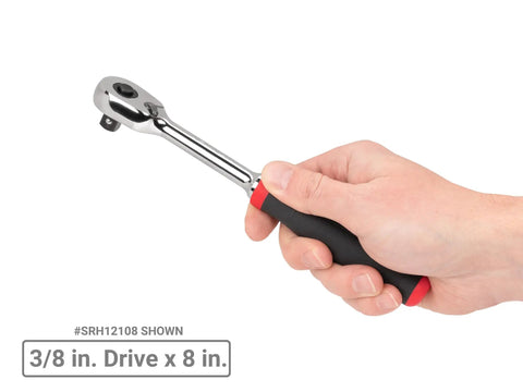3-Piece Quick-Release Comfort Grip Ratchet Set With 90-Tooth Gear And 4-Degree Swing Includes One Quarter Inch Drive 6 Inch, Three Eighth Inch Drive 8 Inch, And One Half Inch Drive Ten And One Half Inch Ratchets For Tight Easy Work In The Shop 3/8 inch drive 8 inch ratchet with comfort grip in hand