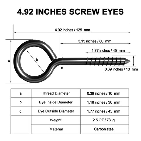 Heavy Duty Screw In Eye Hooks Black Stainless Steel 5 Inch with dimensions for secure mounting in various applications.