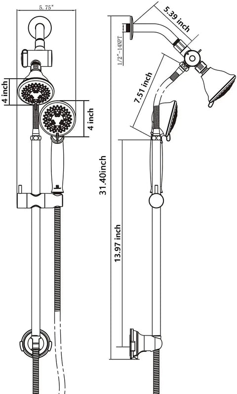 Diagram of Two In One Handheld And Overhead Shower Head System In Chrome With Five Modes Four Inch And Four Inch Dual Shower Heads