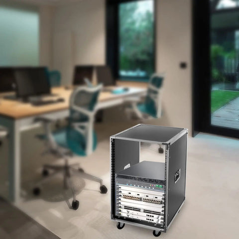 Rock Solid 16U Portable Rolling Network Rack Studio Server Cabinet With Built Handles Smooth Swivel Casters in modern office.