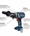 GSR18V-975CN 18V Brushless Drill Driver Bare Tool showing features like kickback control, Bluetooth connectivity, and 975 in-lb torque.