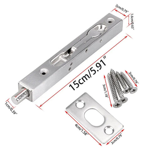 6 Inch Flush Door Bolts Set Concealed Security Locks for French Doors with screws and measuring guide in stainless steel finish