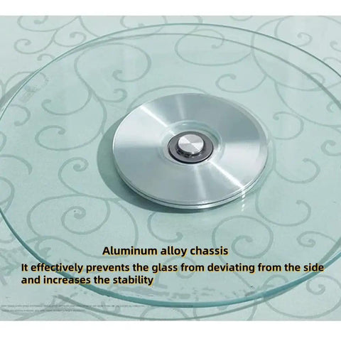 Game Changer Heavy Duty Lazy Susan For Large Round Dining Table With Thick Tempered Glass And Slick Rotating Turntable Tray showing aluminum alloy base for stability.