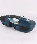 Electric Strapping Machine JDC13 16 for heavy duty packaging, alloy body, easy handle, side angle view on white background.