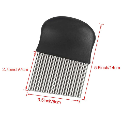 Crinkle cutter with black handle and stainless steel wavy blade (front view) for potatoes and veggies