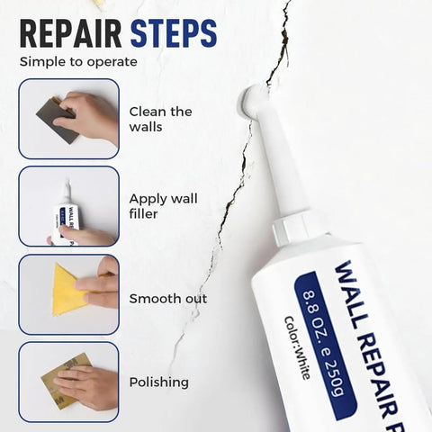 Hole Filler Wall Repair Paste 260g For Quick Patches application steps with images of cleaning, applying, smoothing, and polishing