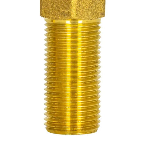 Close-up of Heavy Duty Brass Washing Machine Shut Off Valve with Blue Quarter Turn Handle For Cold Water Lines Half Inch Mip To Three Quarter Mht Outlet Box No Sweat Install.